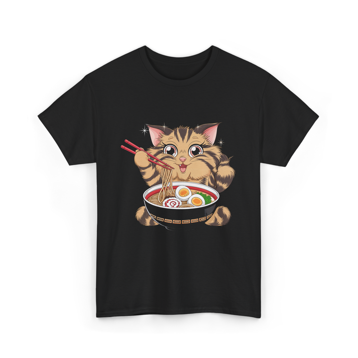 Cute Cat Ramen Anime Noodles T-Shirt - Black