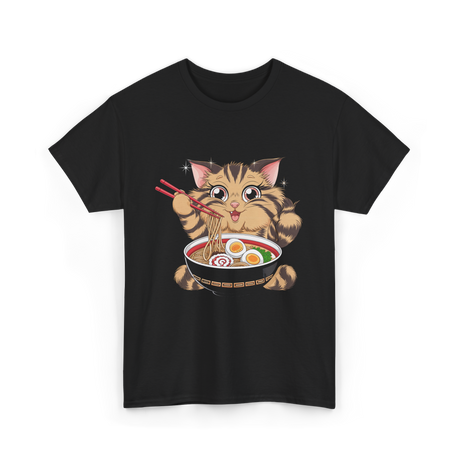 Cute Cat Ramen Anime Noodles T-Shirt - Black