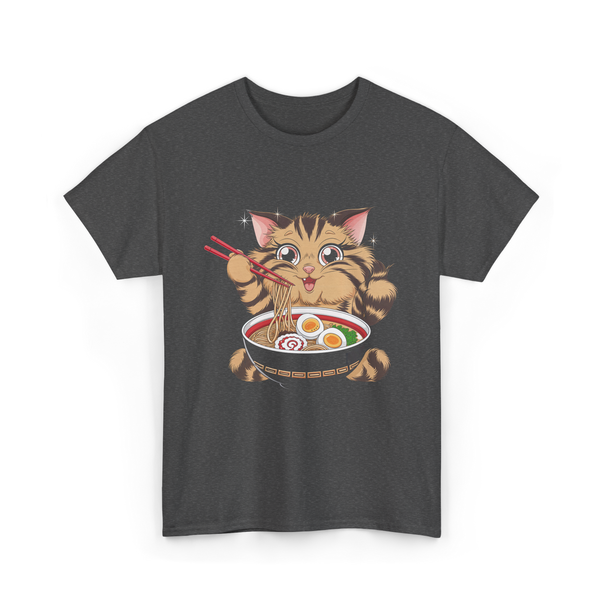 Cute Cat Ramen Anime Noodles T-Shirt - Dark Heather