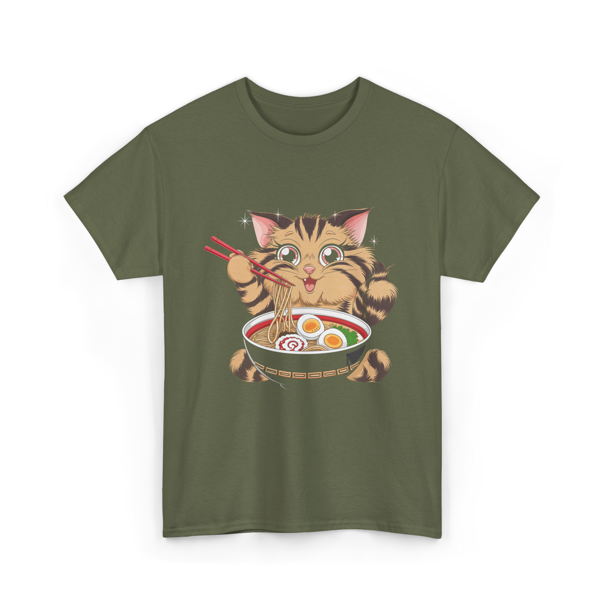 Cute Cat Ramen Anime Noodles T-Shirt - Military Green
