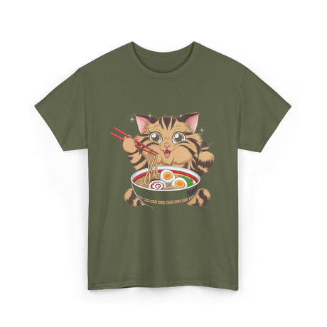 Cute Cat Ramen Anime Noodles T-Shirt - Military Green