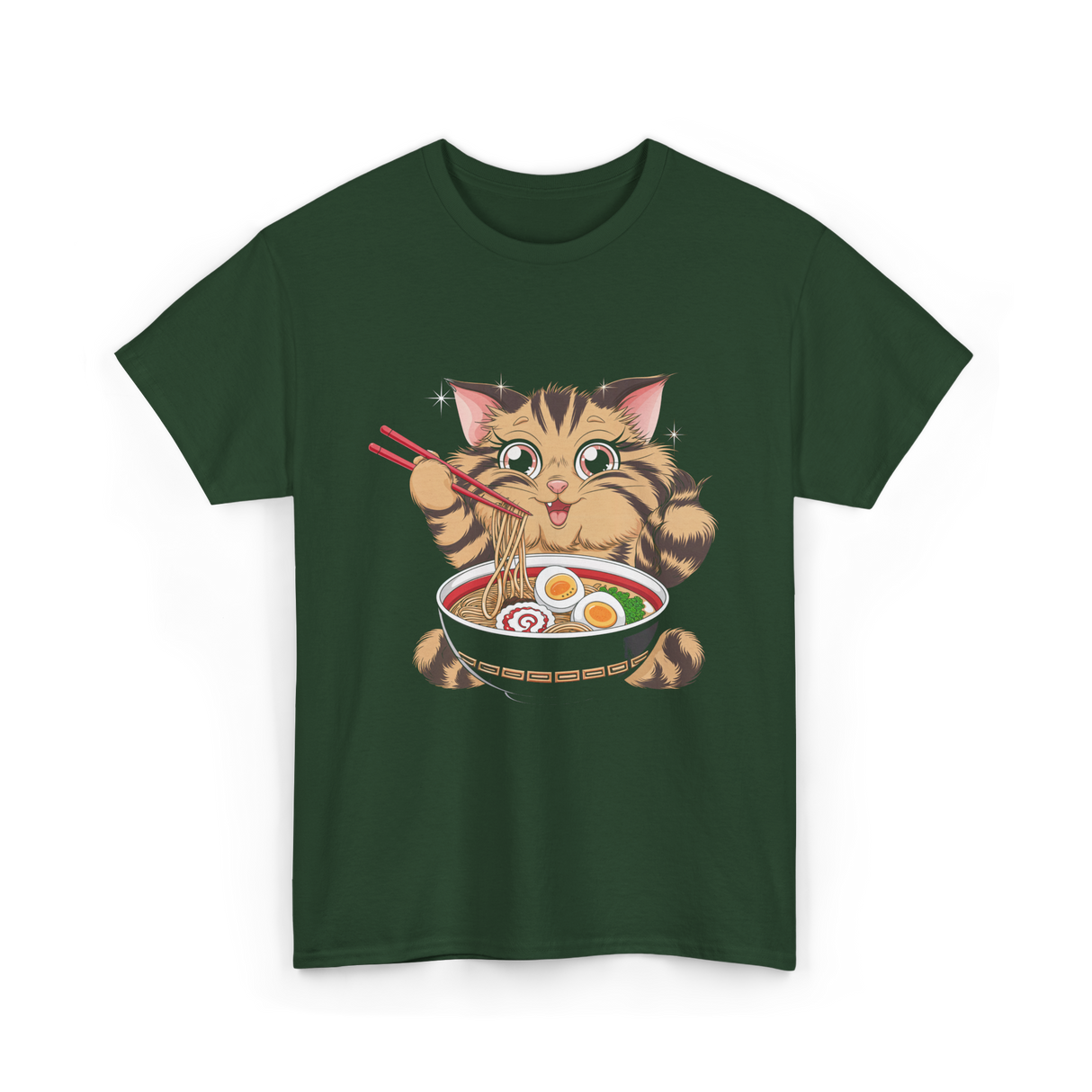 Cute Cat Ramen Anime Noodles T-Shirt - Forest Green