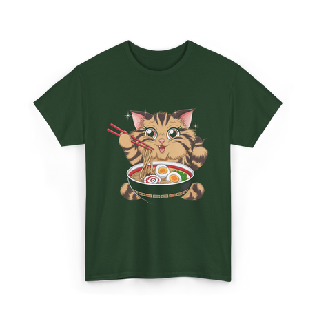 Cute Cat Ramen Anime Noodles T-Shirt - Forest Green