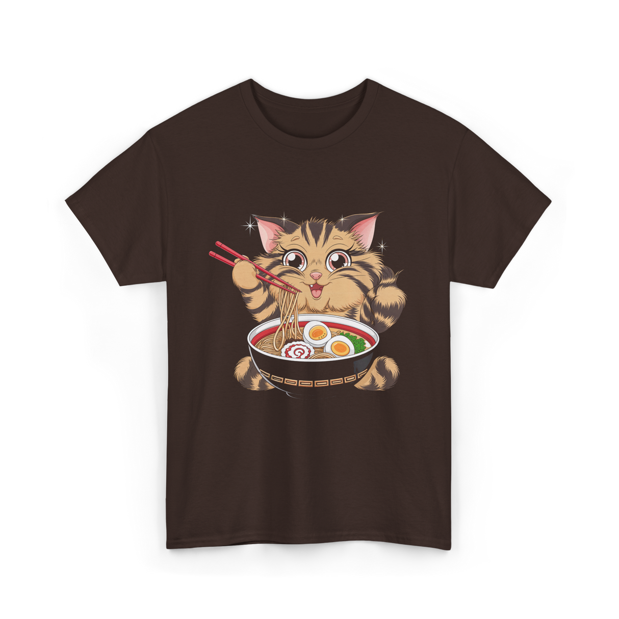 Cute Cat Ramen Anime Noodles T-Shirt - Dark Chocolate