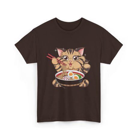 Cute Cat Ramen Anime Noodles T-Shirt - Dark Chocolate