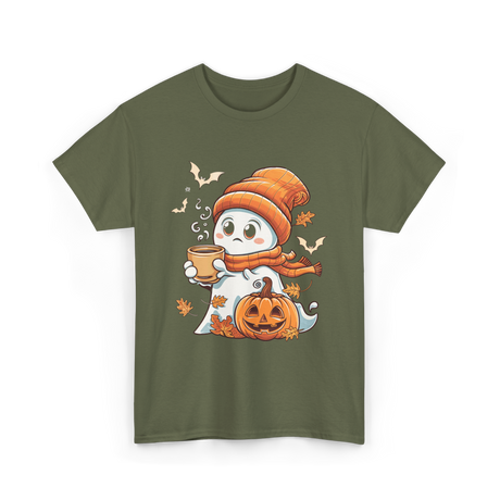 Cute Ghost Halloween Pumpkin Coffee T-Shirt - Military Green