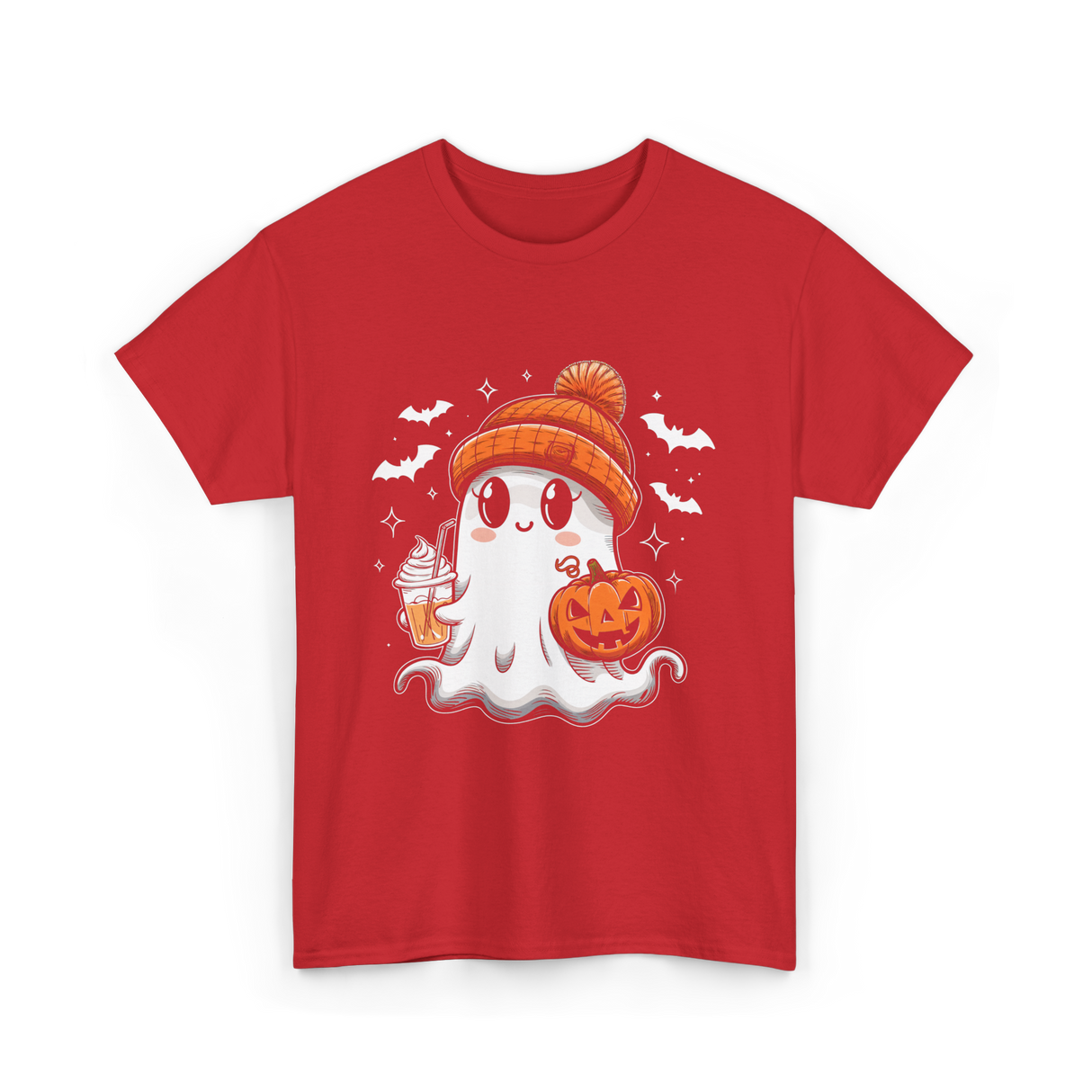 Cute Ghost Pumpkin Drink T-Shirt - Red