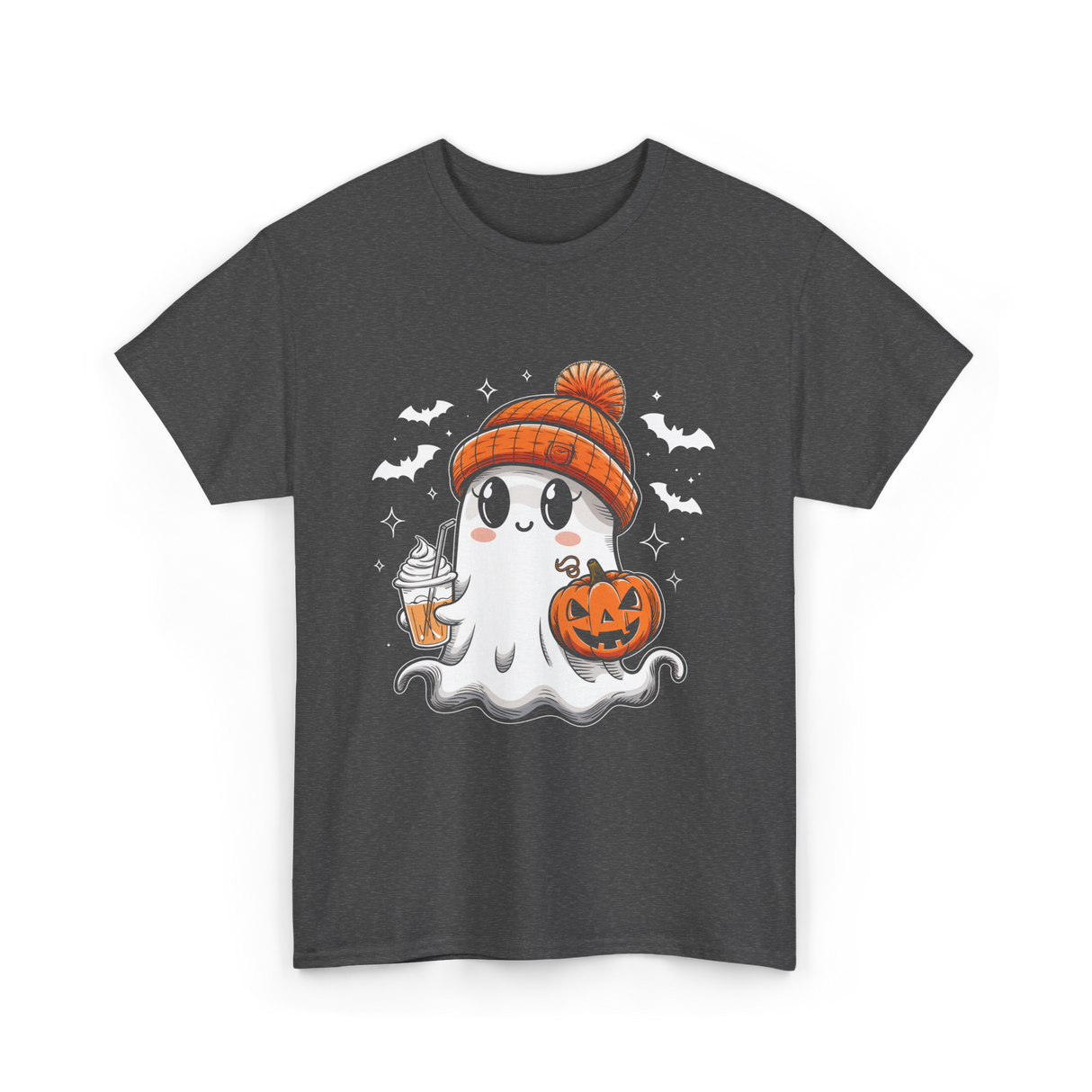 Cute Ghost Pumpkin Drink T-Shirt - Dark Heather