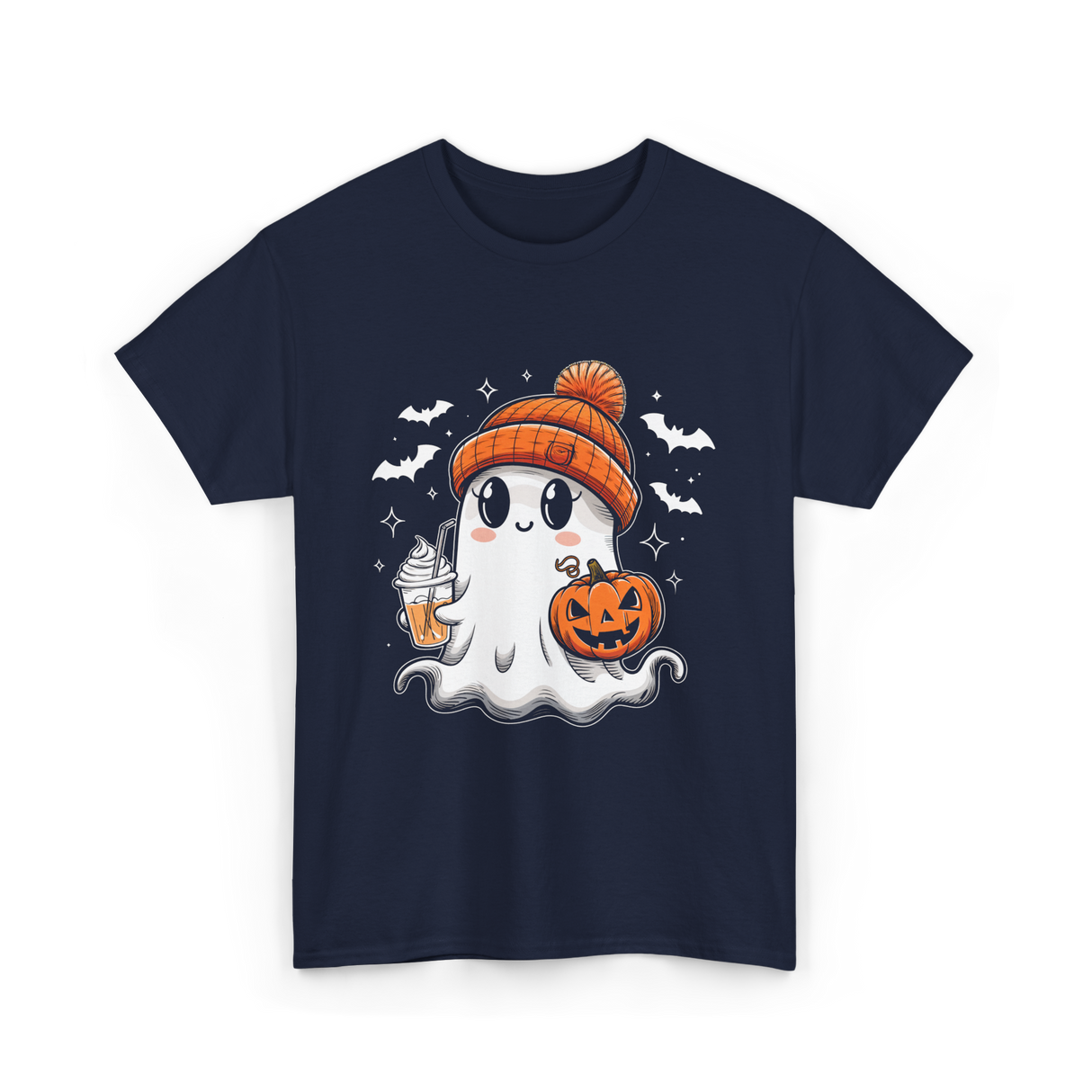Cute Ghost Pumpkin Drink T-Shirt - Navy