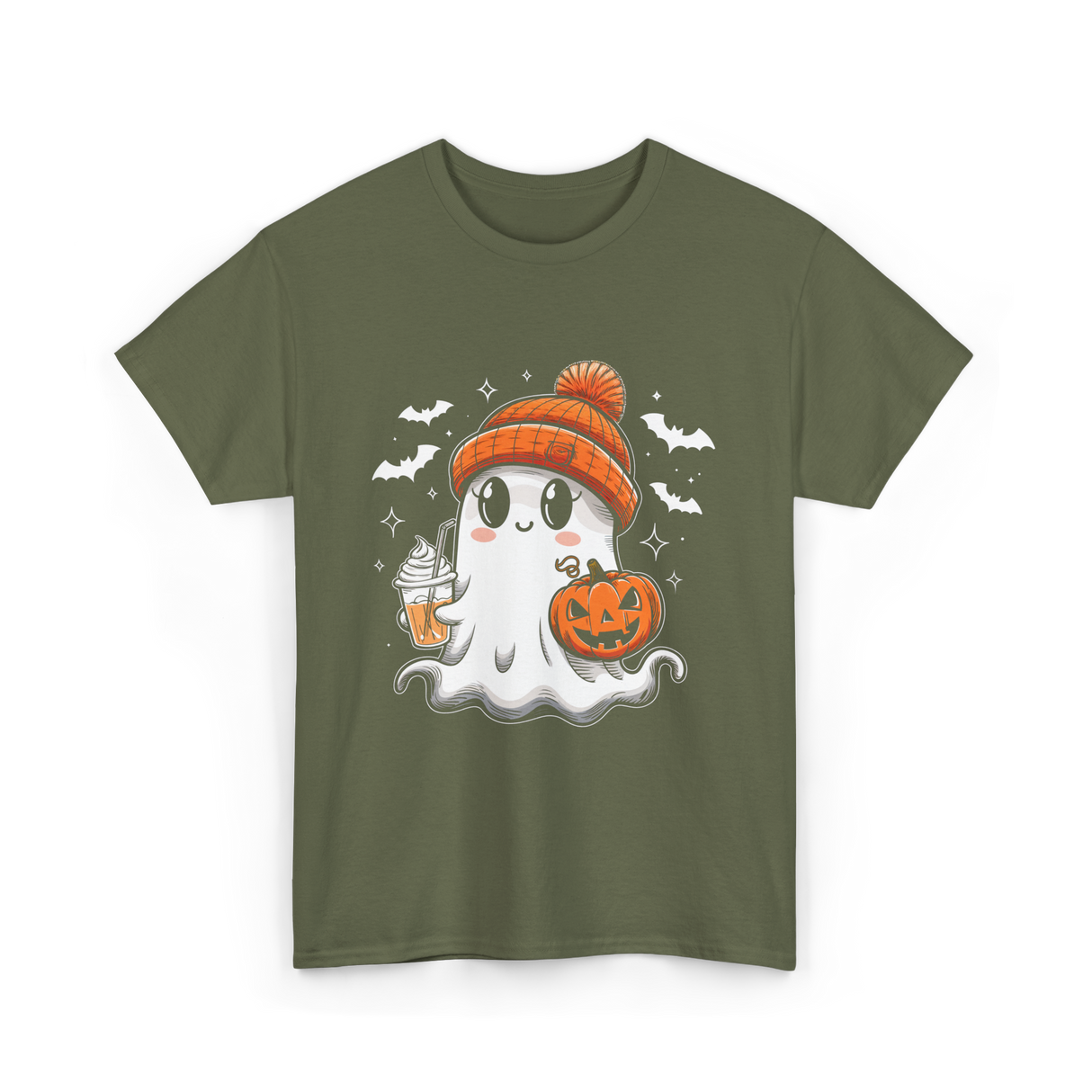 Cute Ghost Pumpkin Drink T-Shirt - Military Green