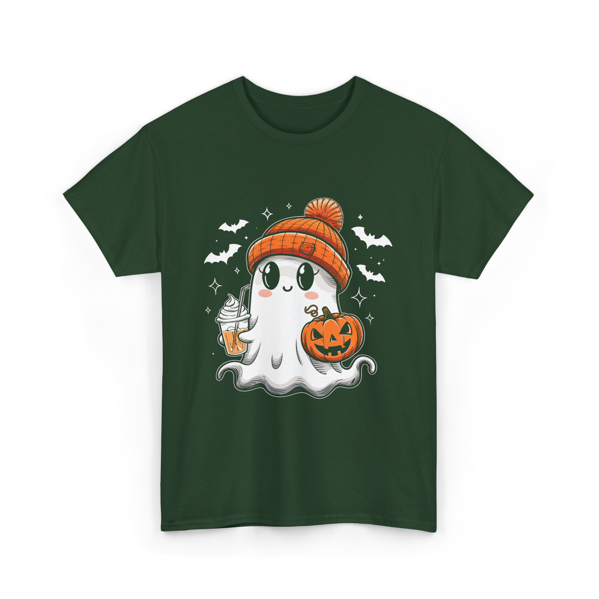 Cute Ghost Pumpkin Drink T-Shirt - Forest Green