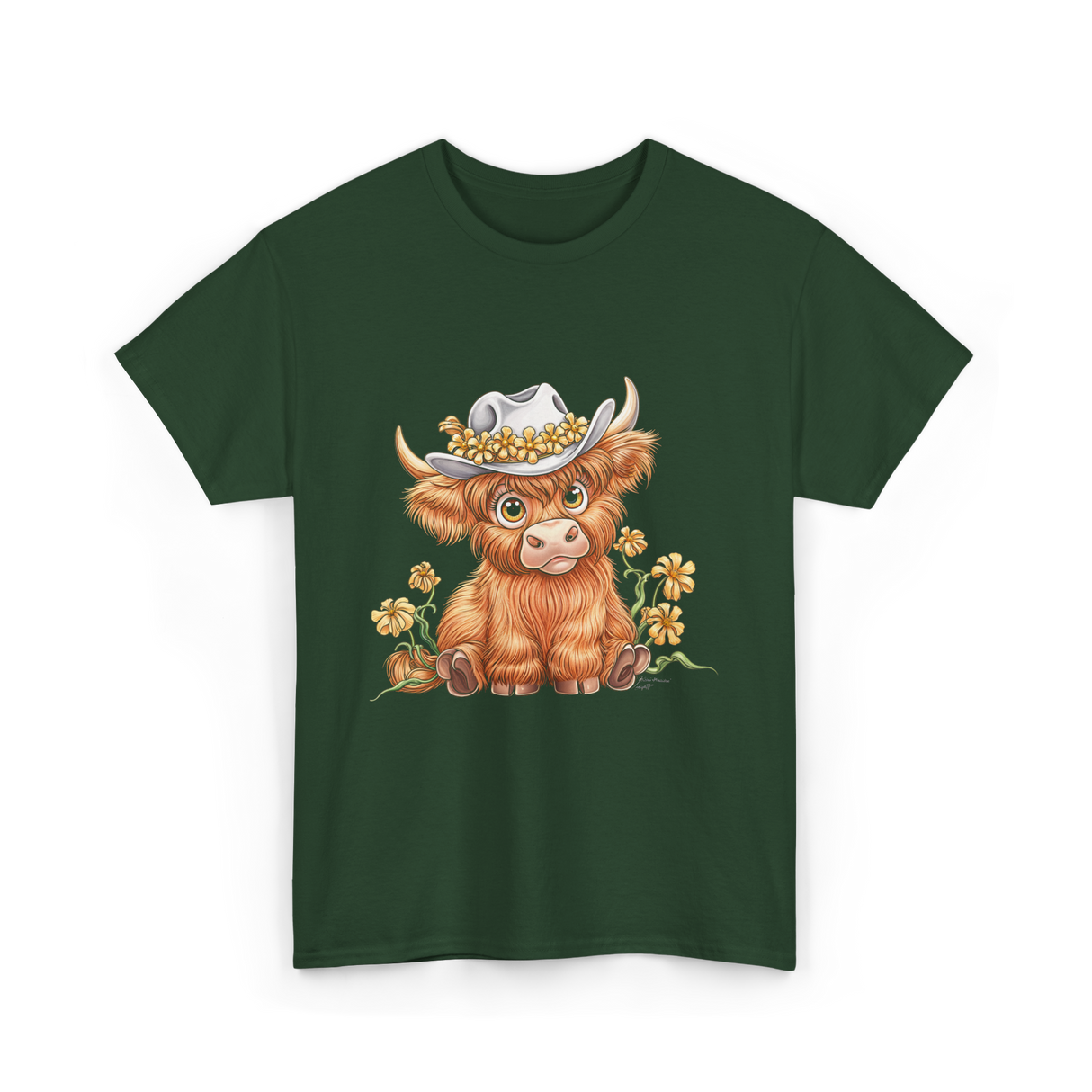 Cute Highland Cow Cattle Floral T-Shirt - Forest Green