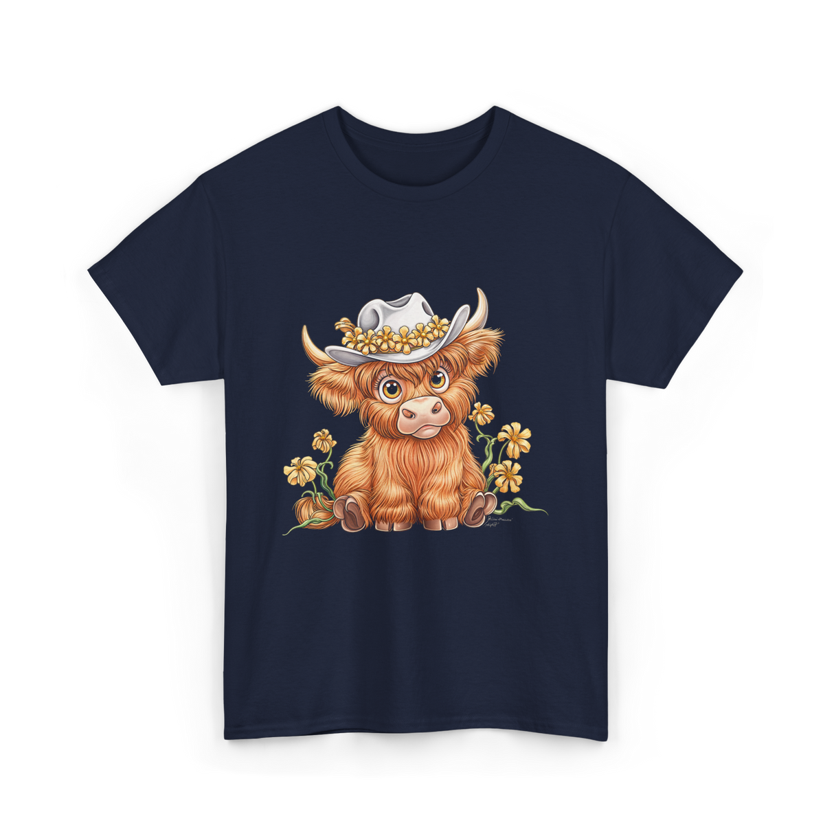 Cute Highland Cow Cattle Floral T-Shirt - Navy