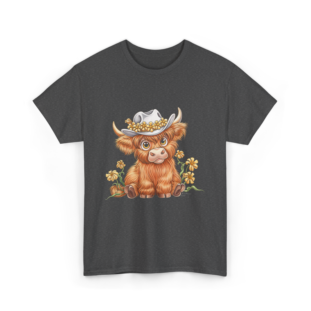 Cute Highland Cow Cattle Floral T-Shirt - Dark Heather