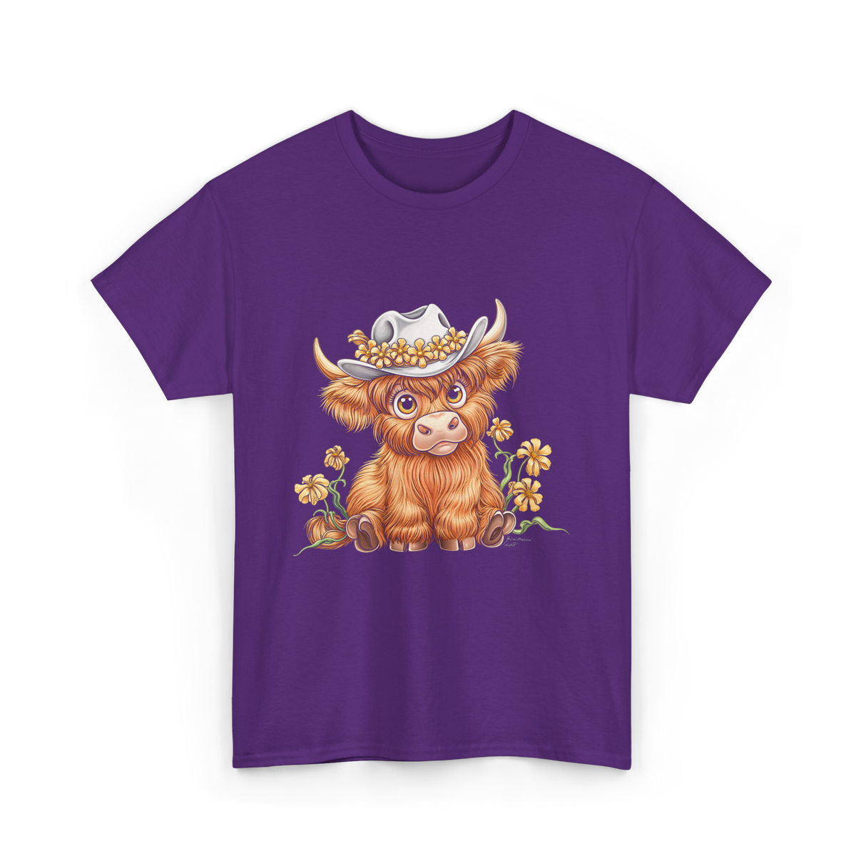 Cute Highland Cow Cattle Floral T-Shirt - Purple