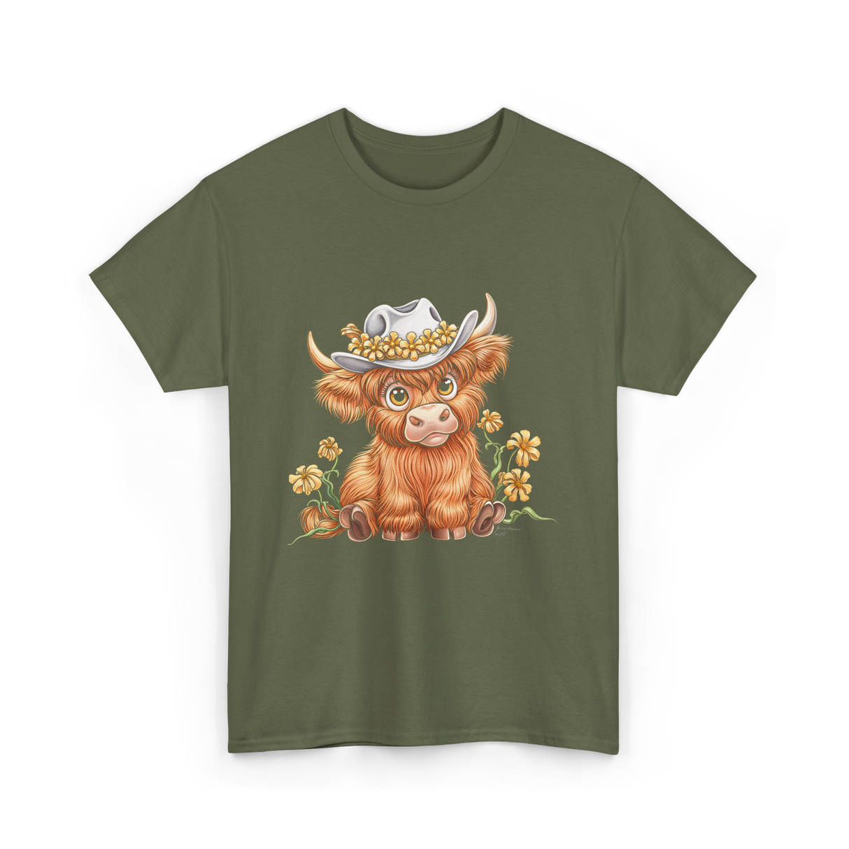 Cute Highland Cow Cattle Floral T-Shirt - Military Green