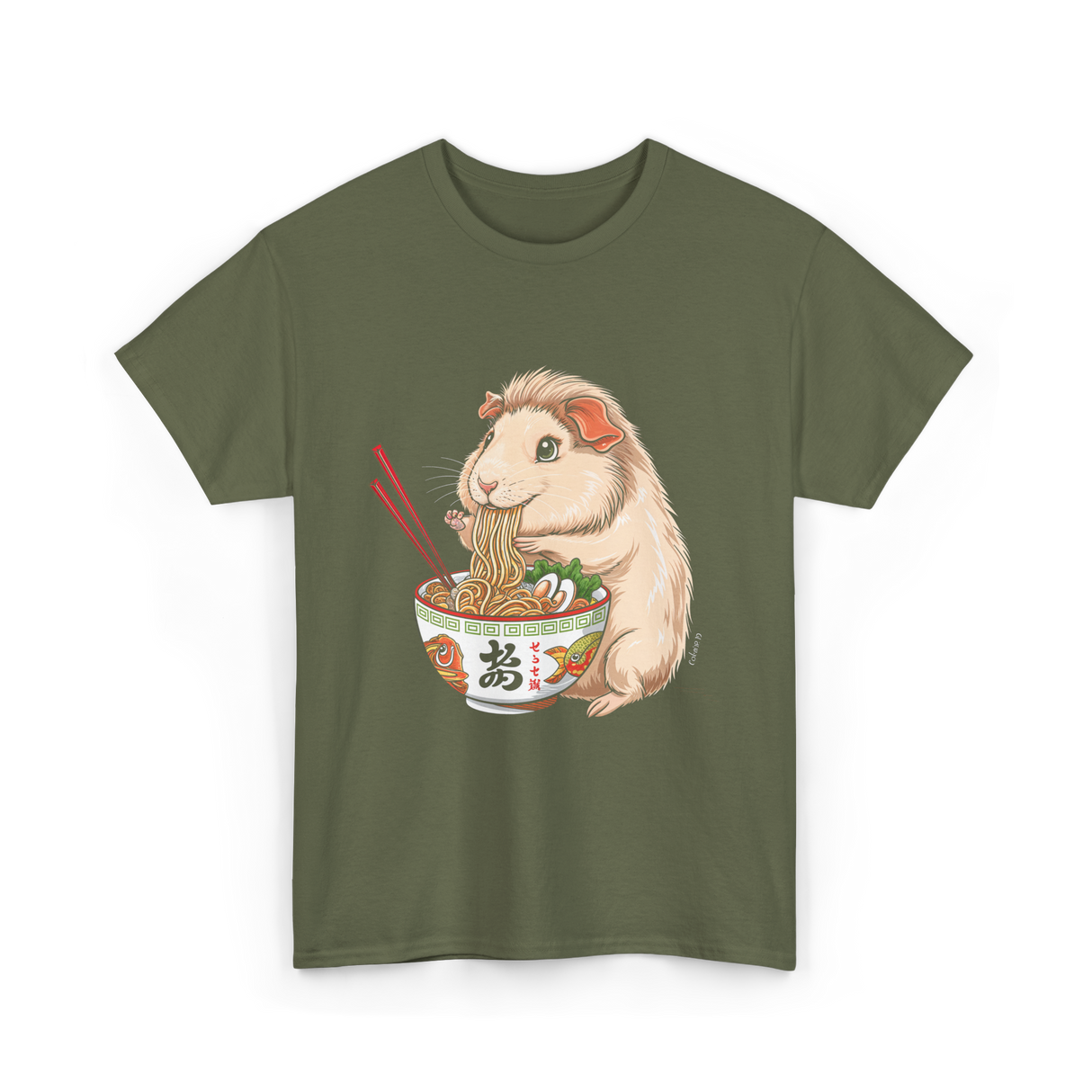 Cute Kawaii Capybara Noodles Anime T-Shirt - Military Green