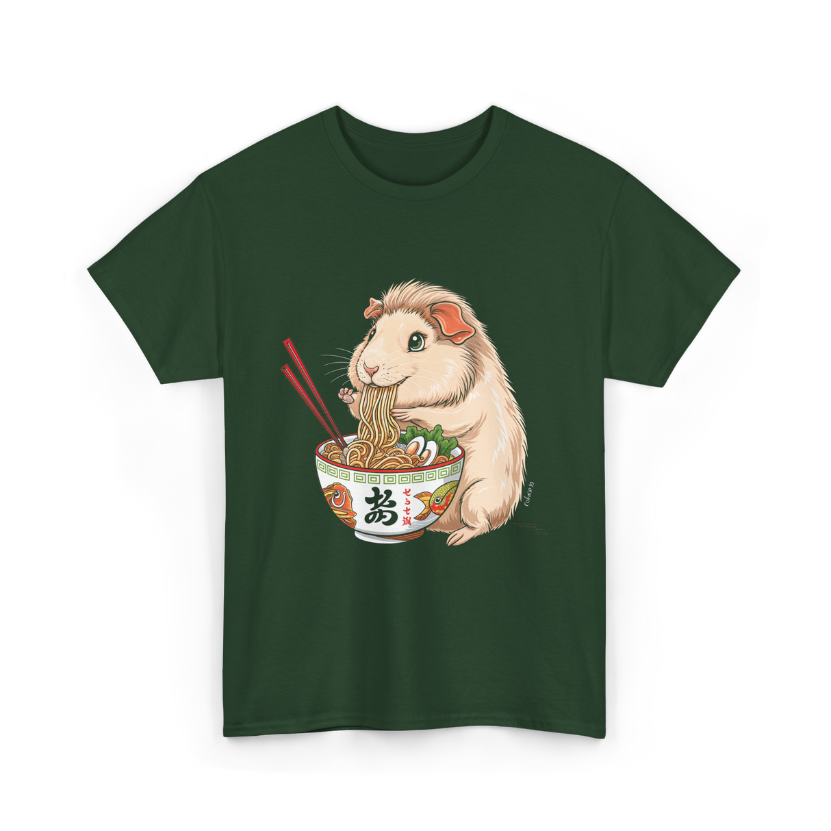 Cute Kawaii Capybara Noodles Anime T-Shirt - Forest Green
