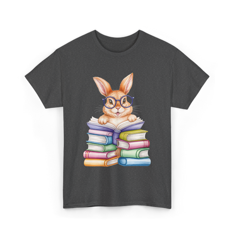 Cute Reading Bunny Reading Books T-Shirt - Dark Heather