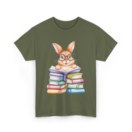Cute Reading Bunny Reading Books T-Shirt - Military Green