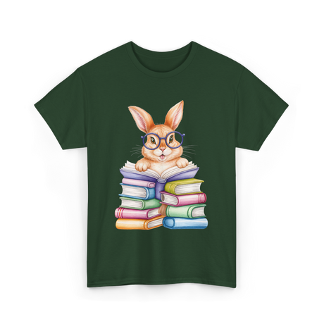 Cute Reading Bunny Reading Books T-Shirt - Forest Green