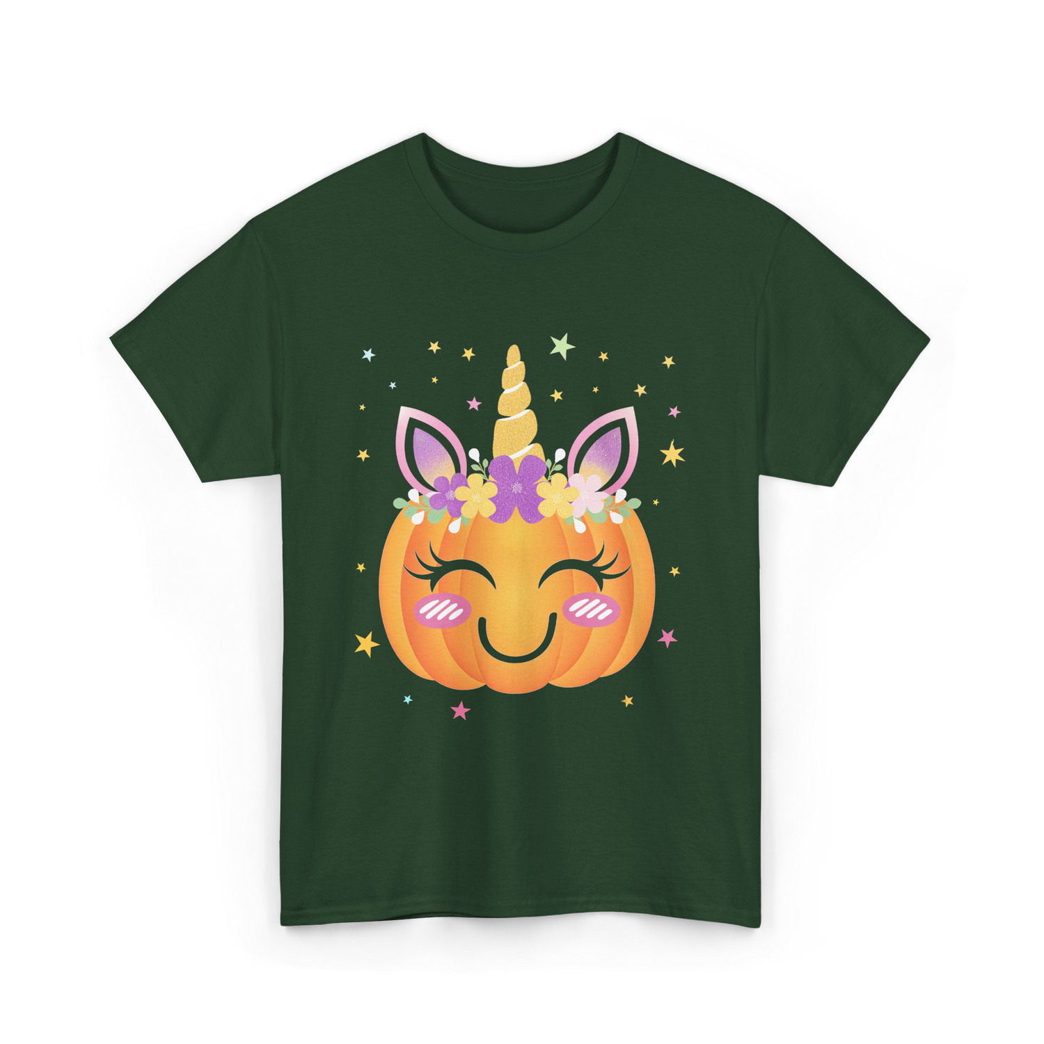 Cute Unicorn Pumpkin Kids Halloween T-Shirt - Forest Green