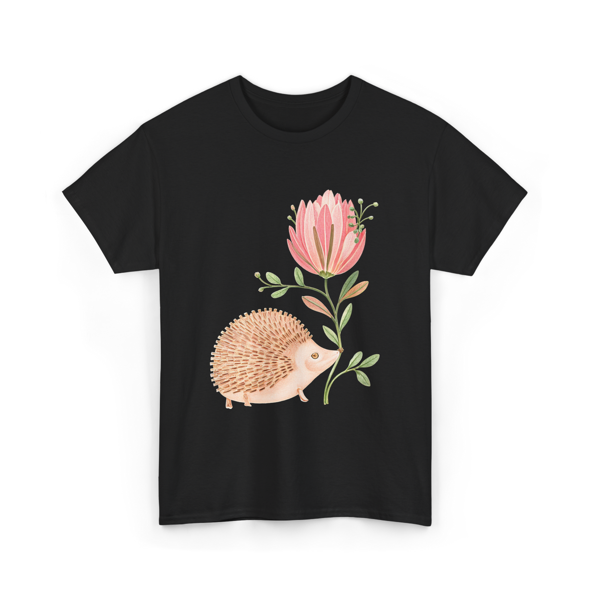 Cute Vintage Hedgehog Flower Art Hedgehog T-Shirt - Black