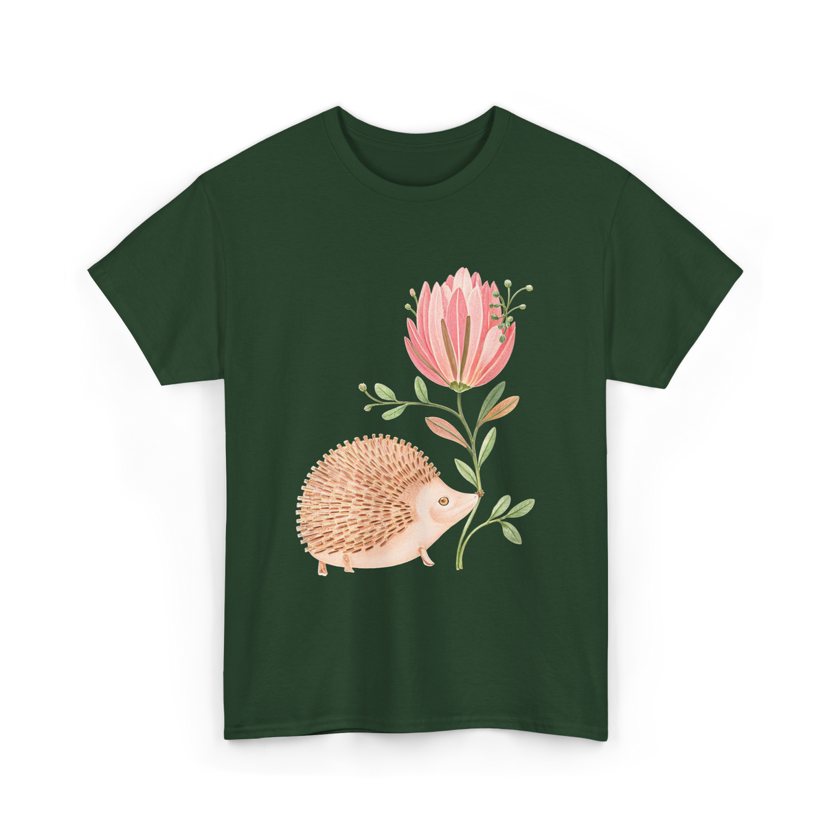 Cute Vintage Hedgehog Flower Art Hedgehog T-Shirt - Forest Green