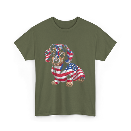 Dachshund Dog American Flag T-Shirt - Military Green