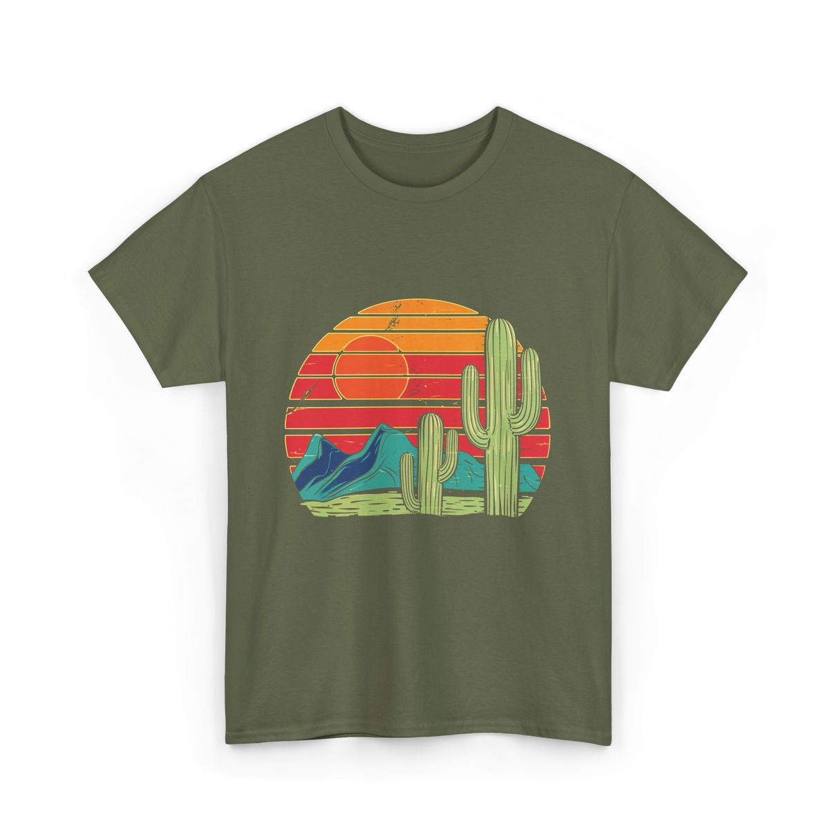 Desert Cactus Mountains Landscape T-Shirt - Military Green