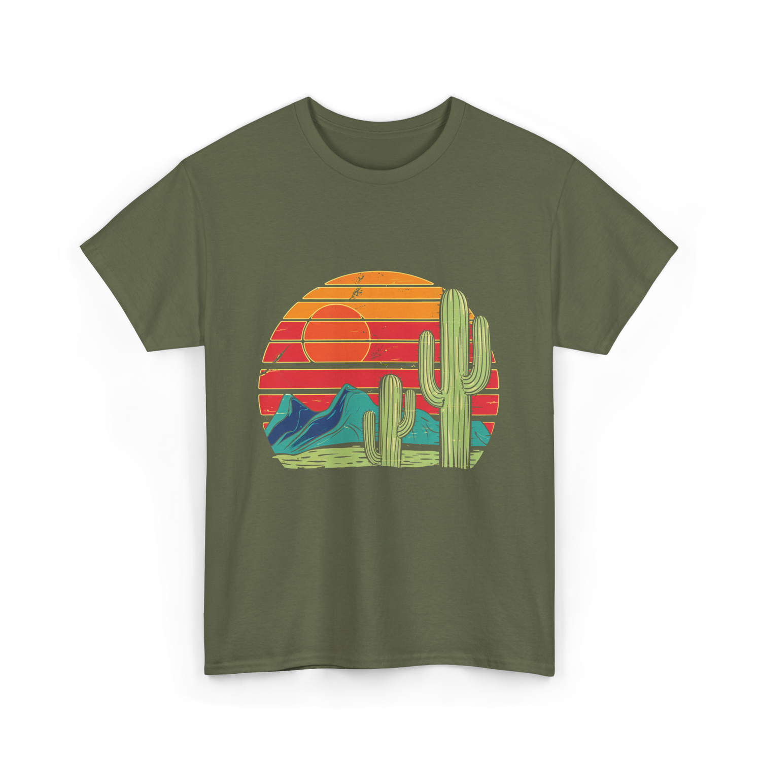 Desert Cactus Mountains Landscape T-Shirt - Military Green