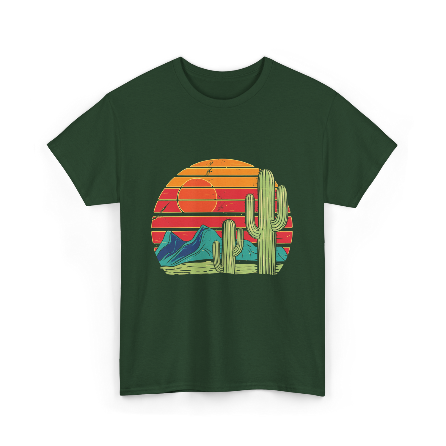Desert Cactus Mountains Landscape T-Shirt - Forest Green