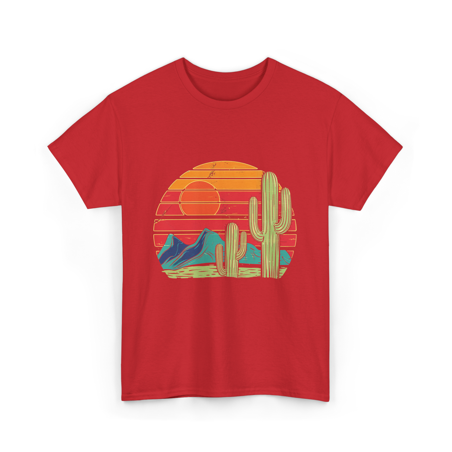 Desert Cactus Mountains Landscape T-Shirt - Red