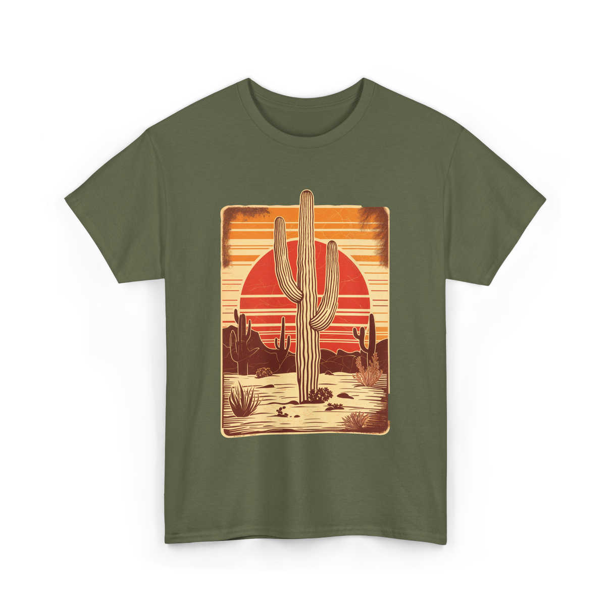 Desert Cactus Sunset Cactus T-Shirt - Military Green
