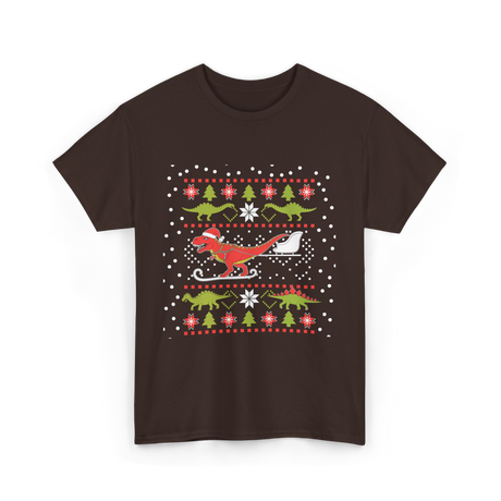 Dinosaur Christmas Sweater Holiday T-Shirt - Dark Chocolate