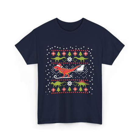 Dinosaur Christmas Sweater Holiday T-Shirt - Navy