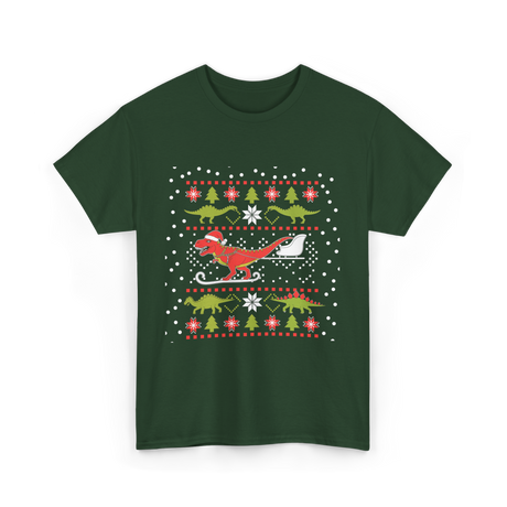 Dinosaur Christmas Sweater Holiday T-Shirt - Forest Green