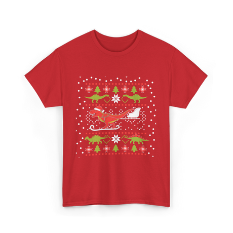 Dinosaur Christmas Sweater Holiday T-Shirt - Red
