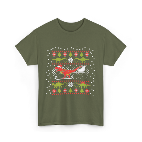Dinosaur Christmas Sweater Holiday T-Shirt - Military Green