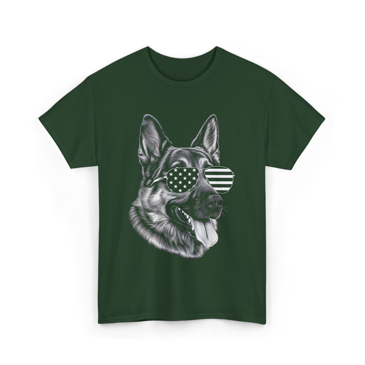 Dog With Sunglasses American Flag T-Shirt - Forest Green