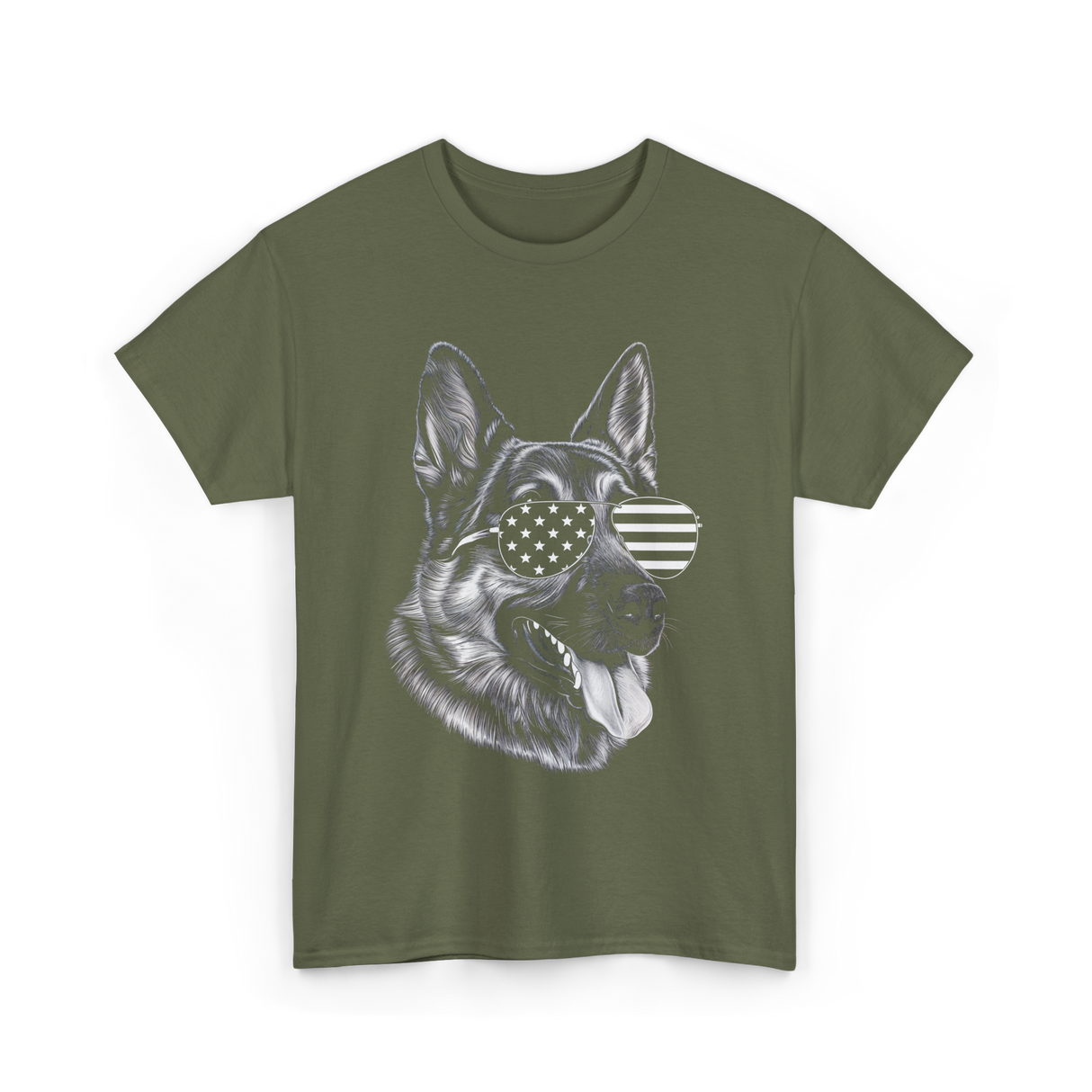Dog With Sunglasses American Flag T-Shirt - Military Green