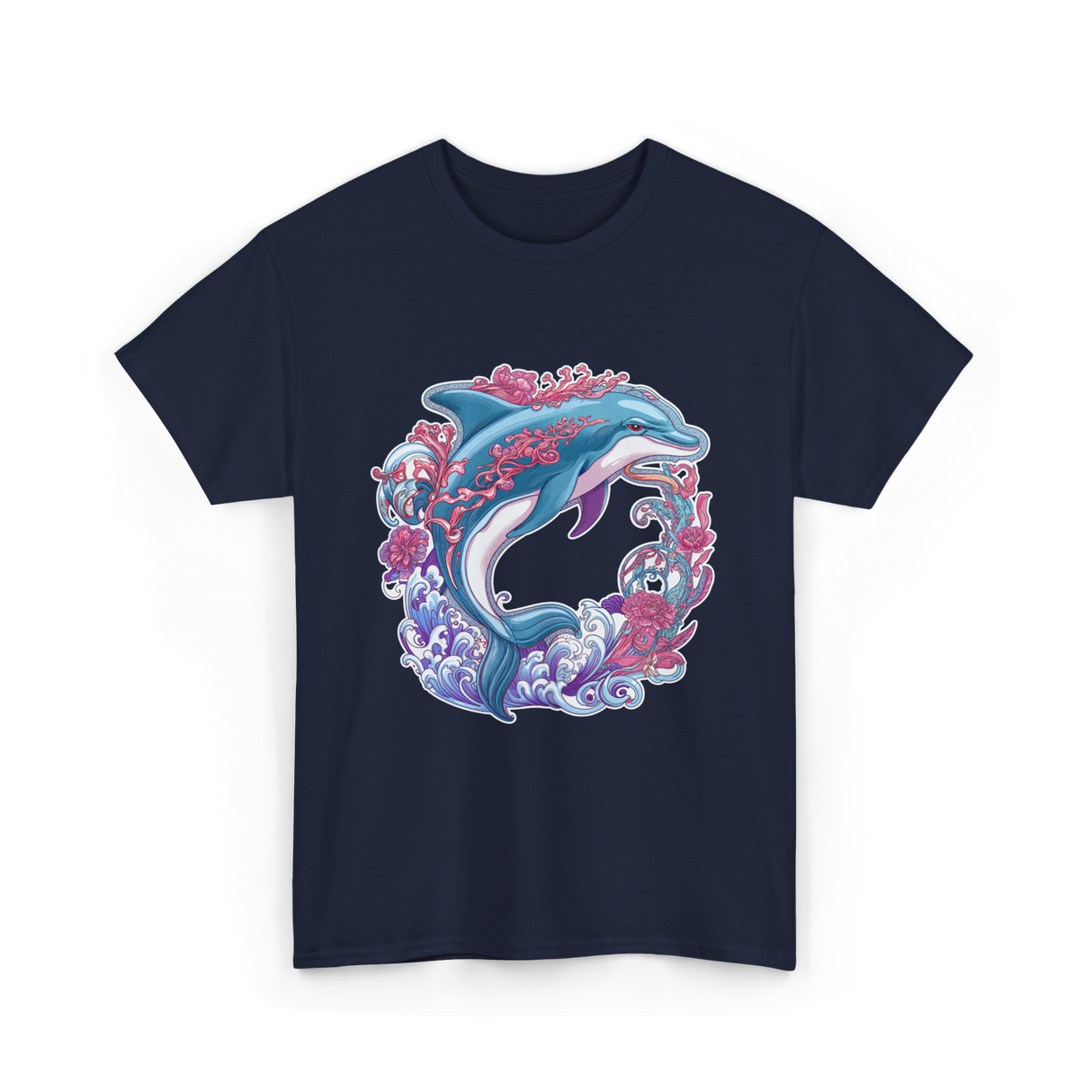 Dolphin Artwork Marine Life T-Shirt - Navy