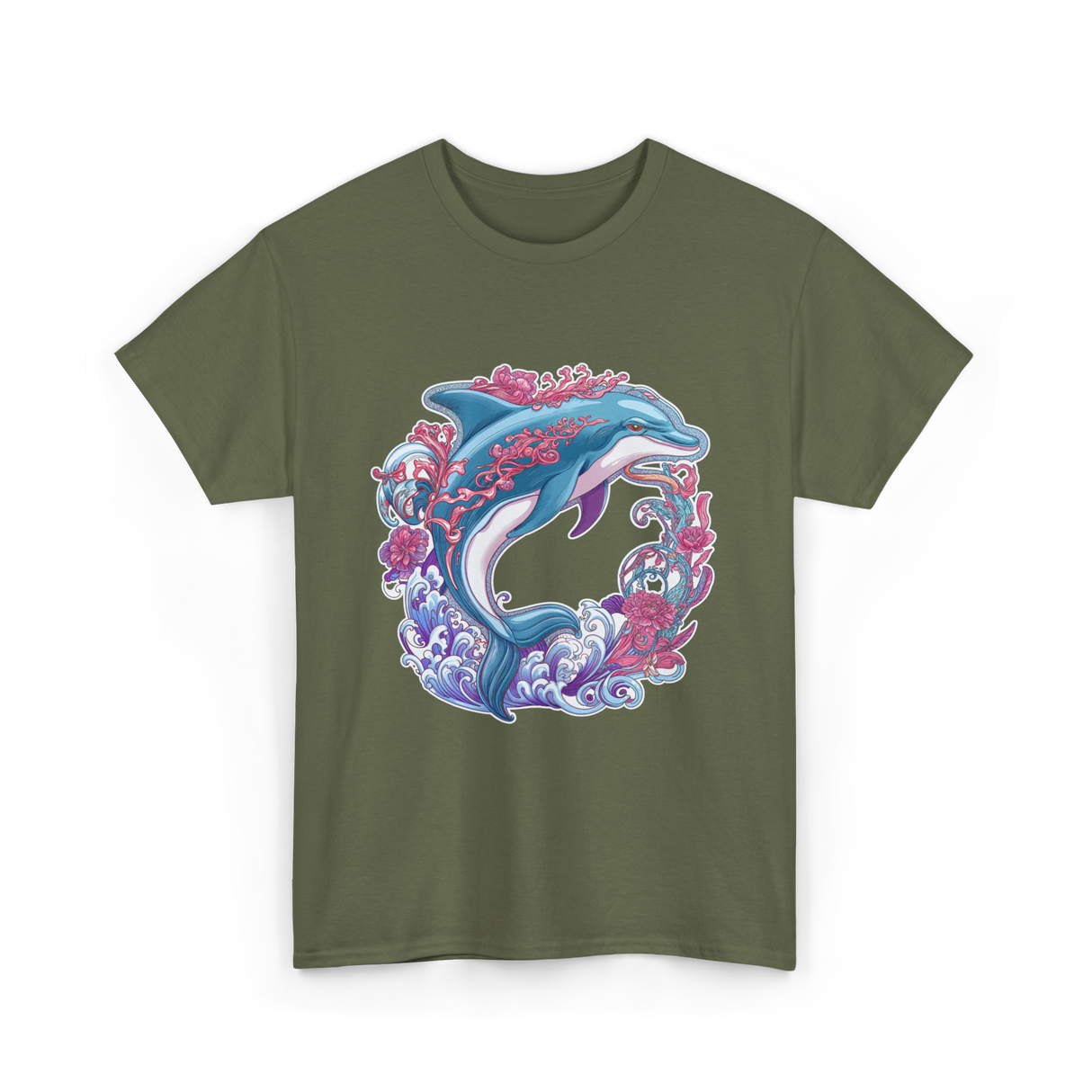 Dolphin Artwork Marine Life T-Shirt - Military Green