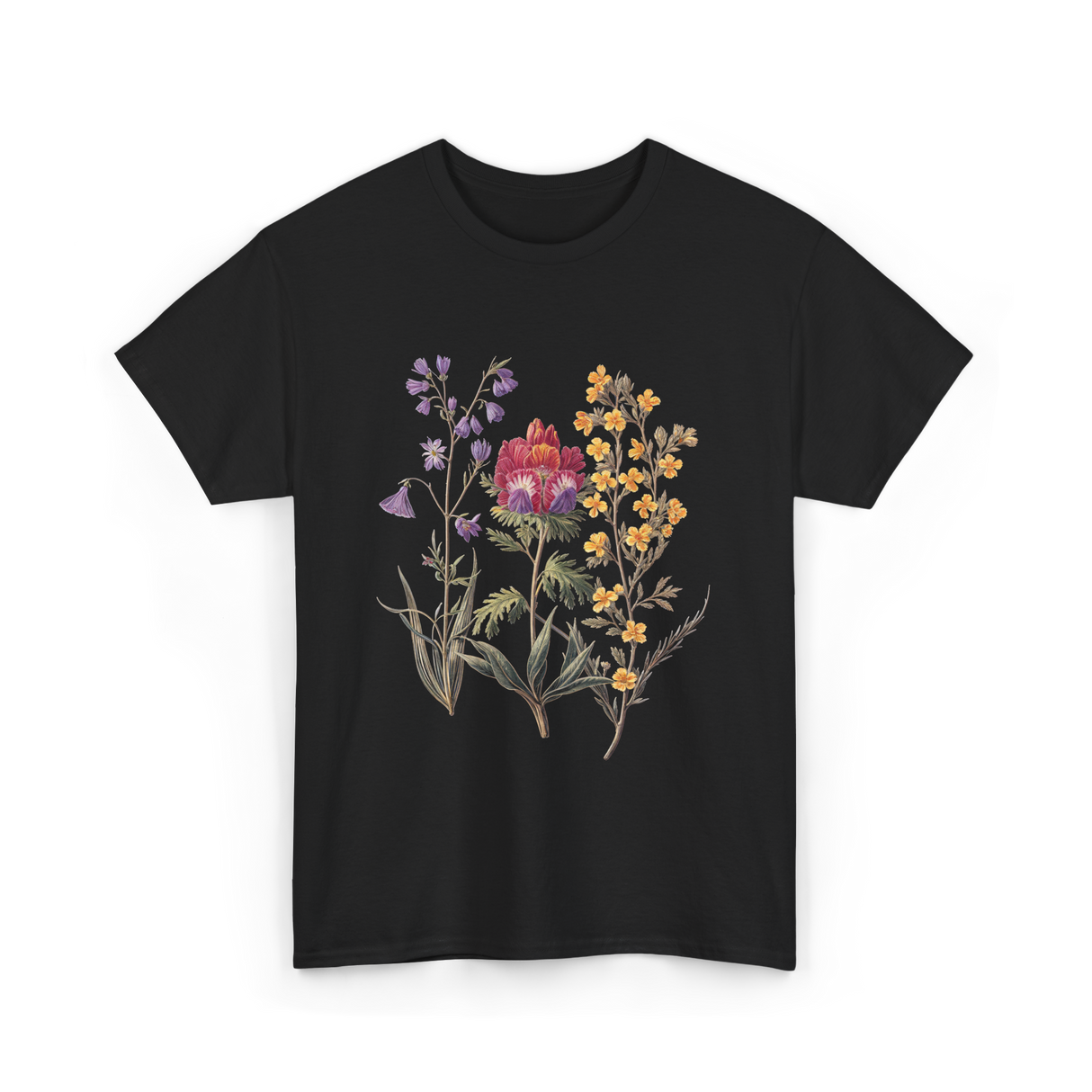 Elegant Antique Botanical Wildflowers Art T-Shirt - Black