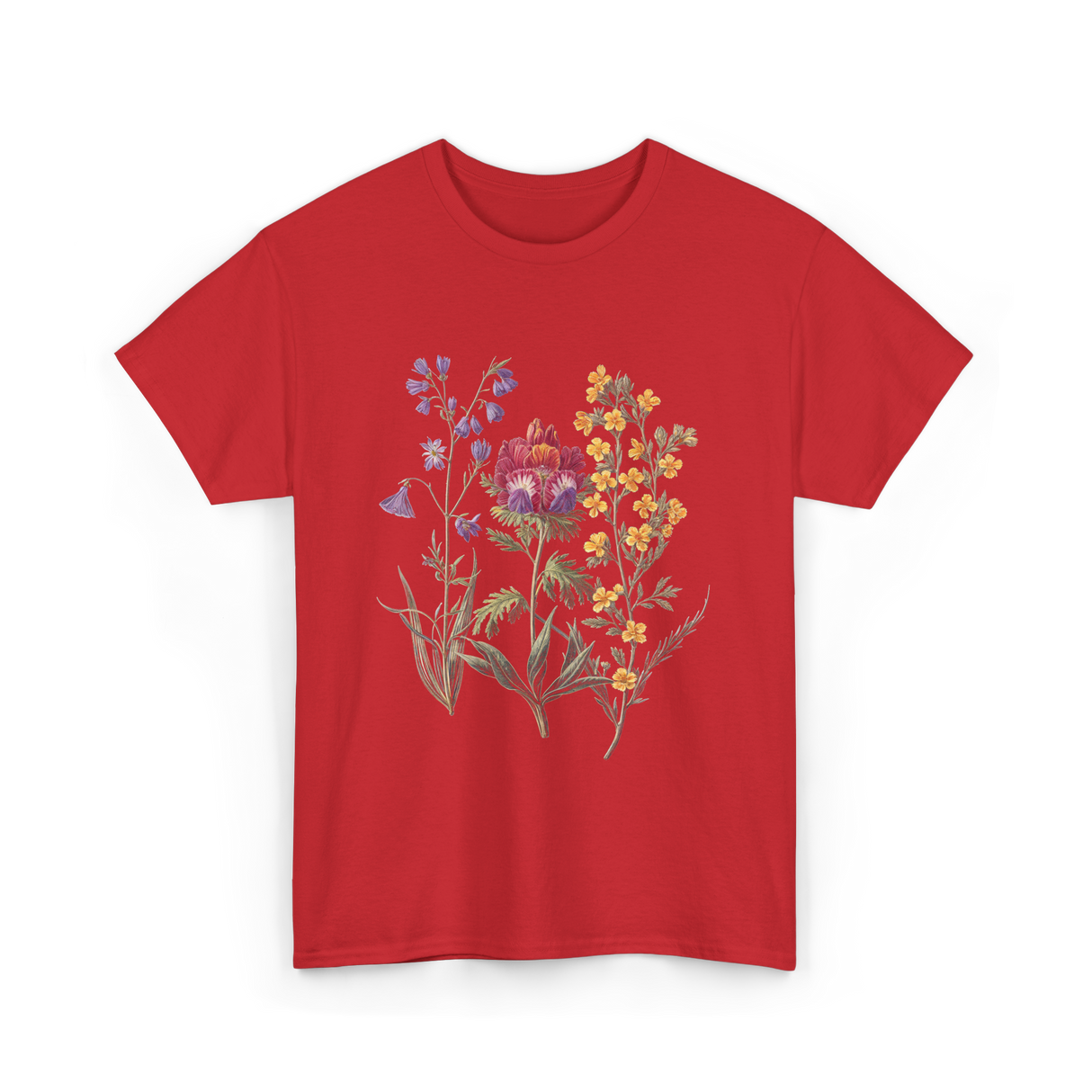 Elegant Antique Botanical Wildflowers Art T-Shirt - Red