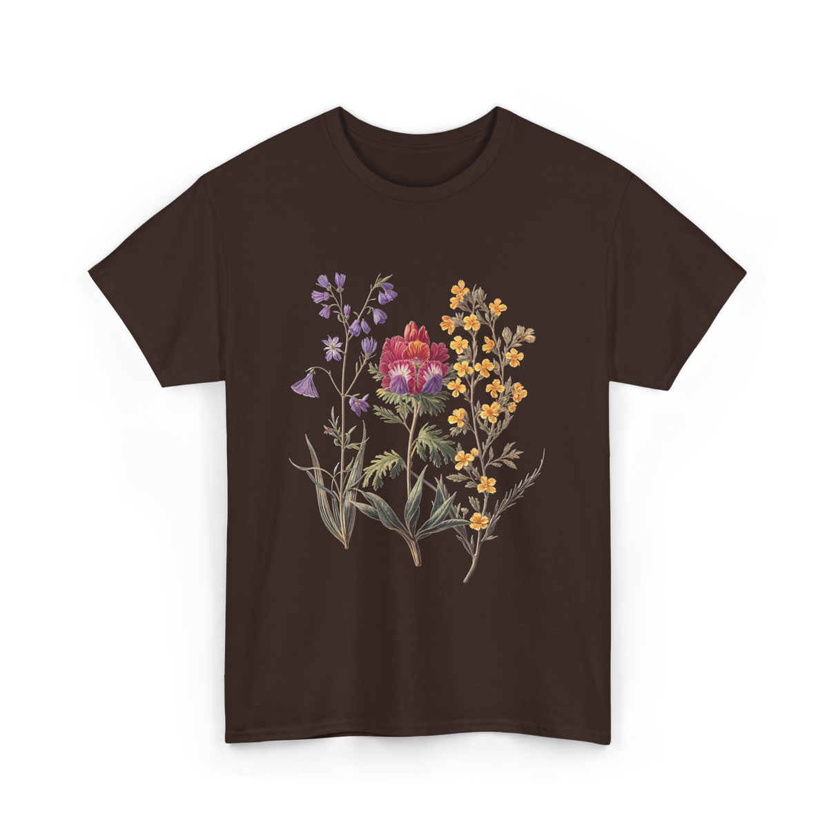 Elegant Antique Botanical Wildflowers Art T-Shirt - Dark Chocolate