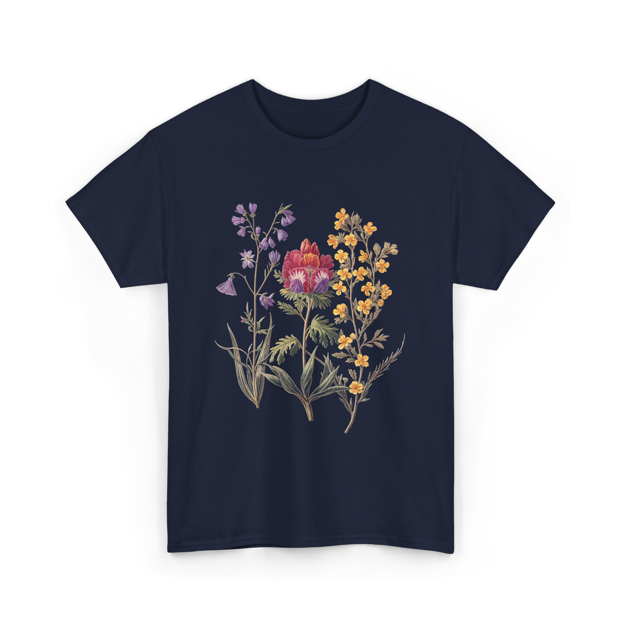Elegant Antique Botanical Wildflowers Art T-Shirt - Navy
