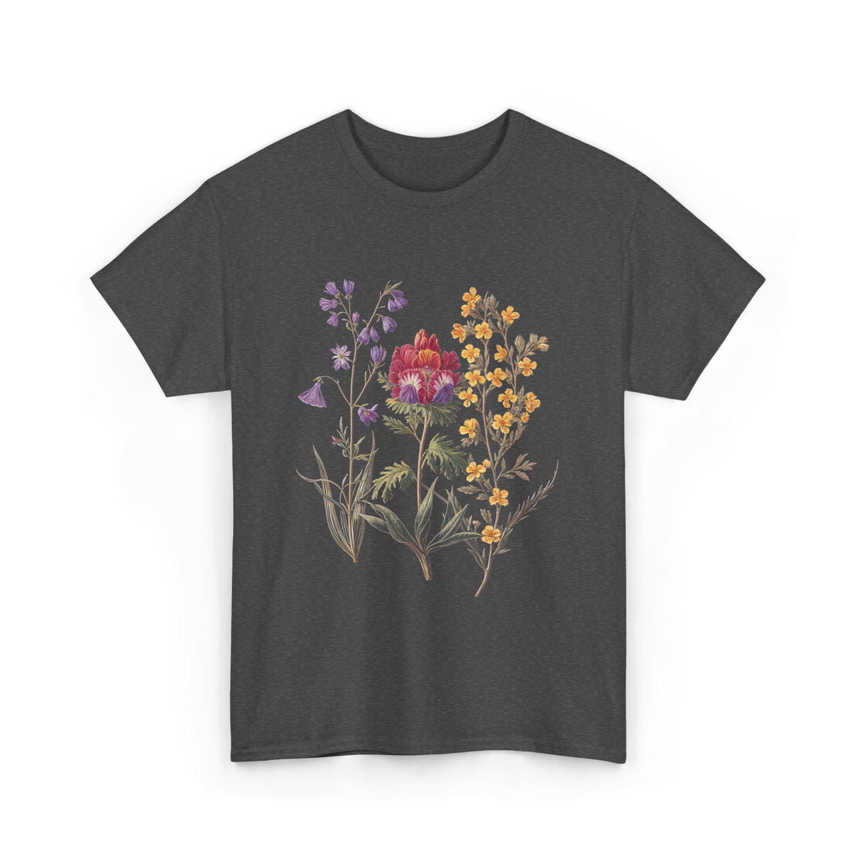 Elegant Antique Botanical Wildflowers Art T-Shirt - Dark Heather