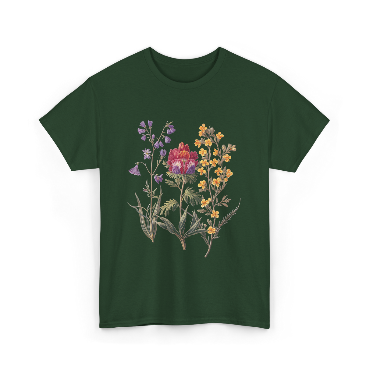 Elegant Antique Botanical Wildflowers Art T-Shirt - Forest Green
