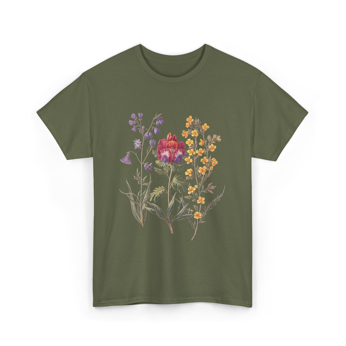 Elegant Antique Botanical Wildflowers Art T-Shirt - Military Green